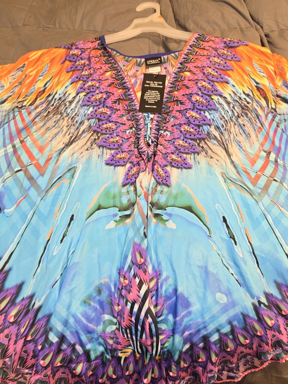 Sakkas Purple Turquoise Peacock-Print Embellished Kaftan